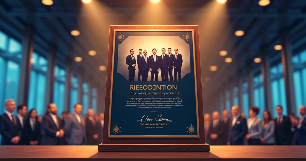 Placa de reconhecimento com foto da diretoria em evento. 