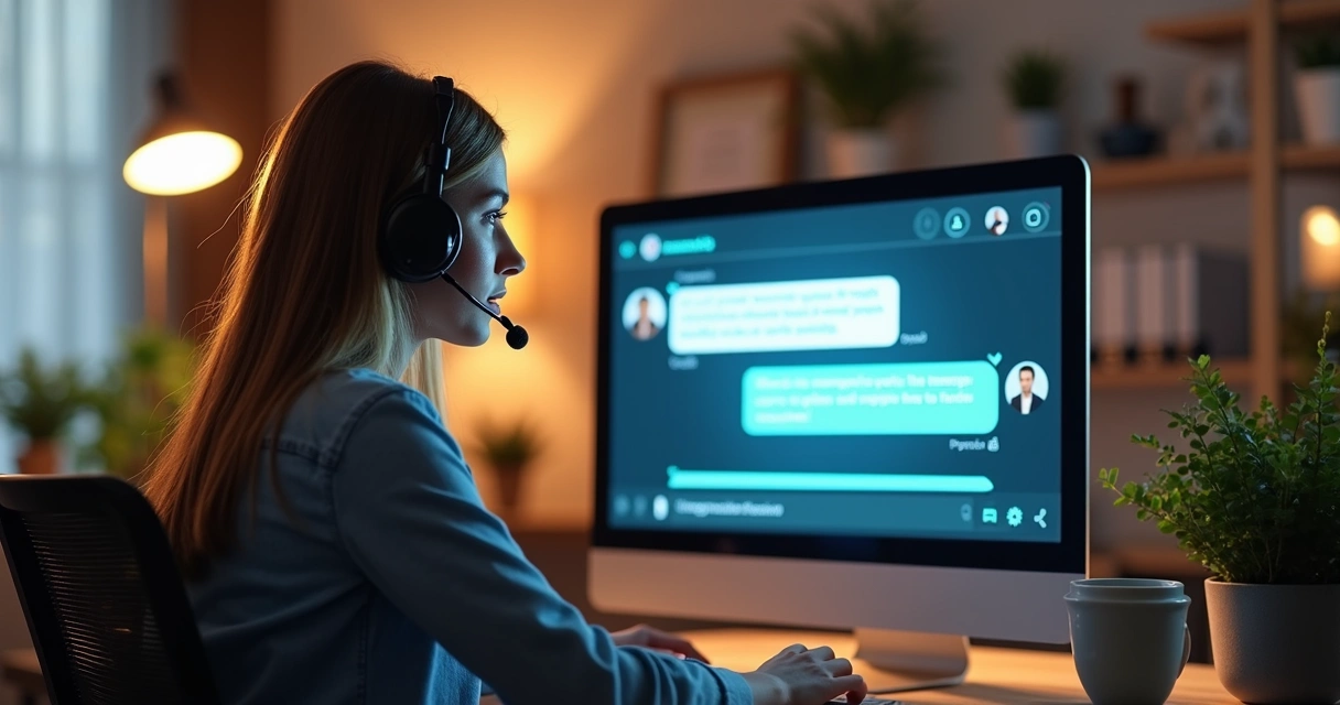Atendente de suporte usando IA para responder clientes no computador 