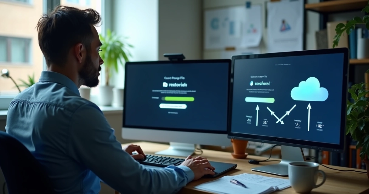 Técnico restaurando arquivos do backup em nuvem