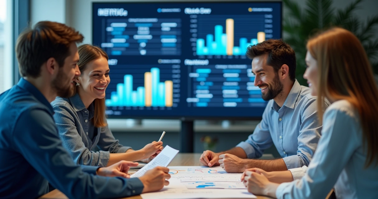 Equipe empresarial apresentando resultados positivos de IA em relatórios 