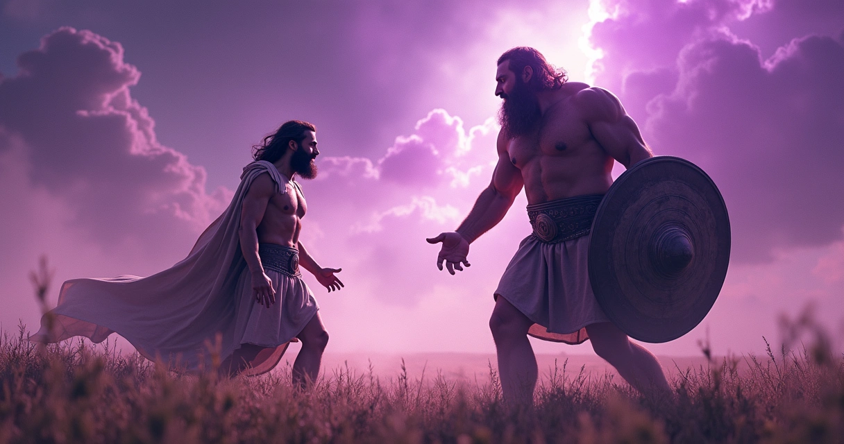 Davi olhando para Golias, cenário roxo e celestial 