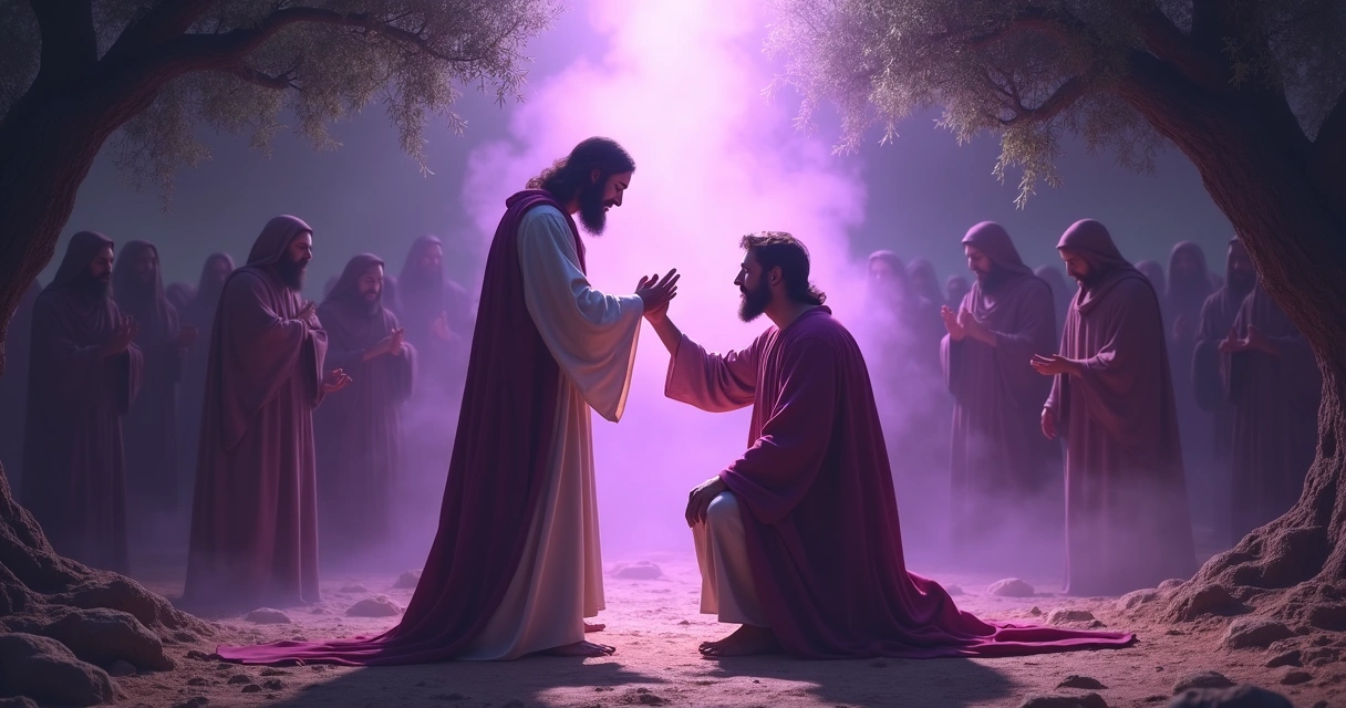 Representação de Jesus libertando homem oprimido espiritualmente 