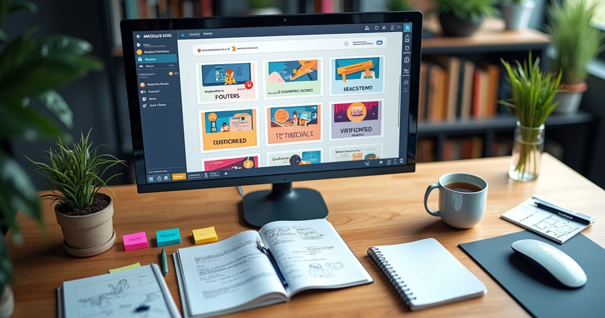 Interface de biblioteca com blocos modulares de site 