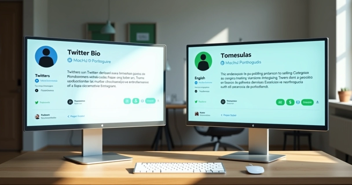 Duas telas lado a lado mostrando bios em português e inglês 