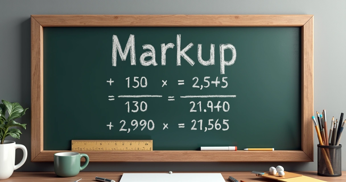 Cálculo de markup na lousa com fórmula e números destacados 