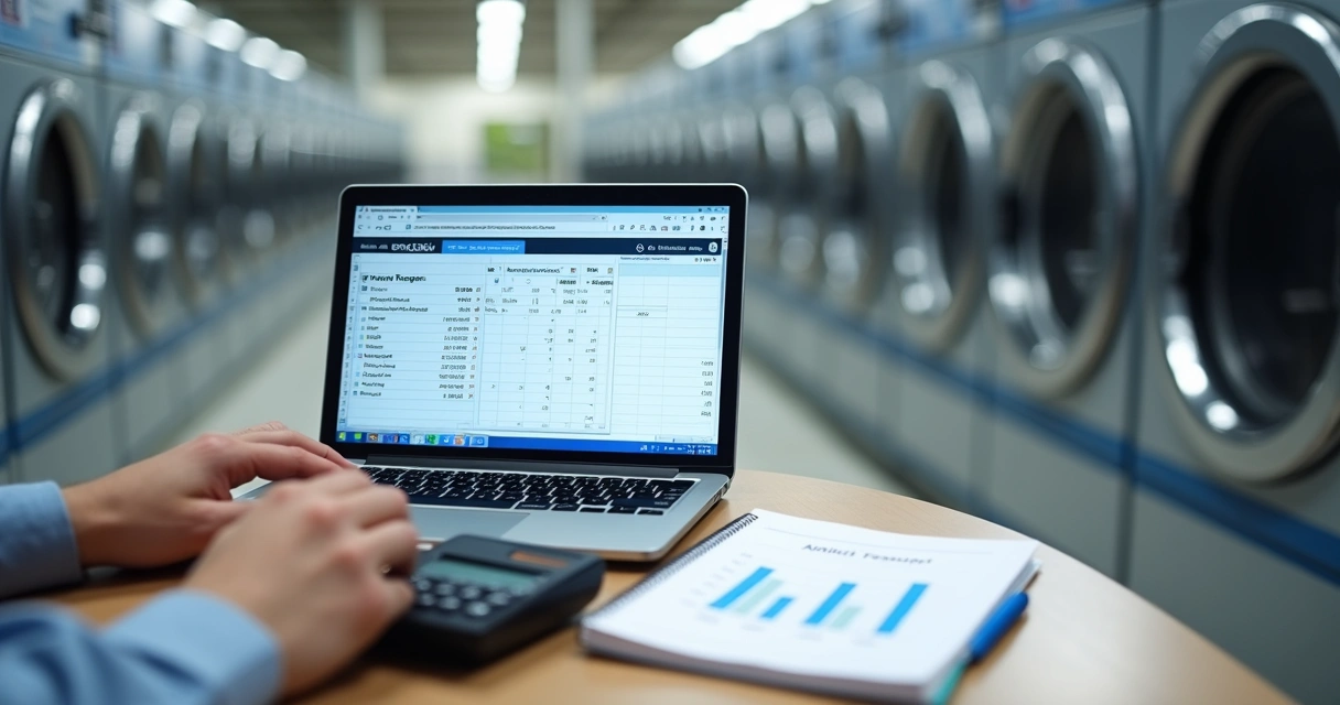 Cálculo de payback com planilha e máquinas de lavanderia ao fundo 