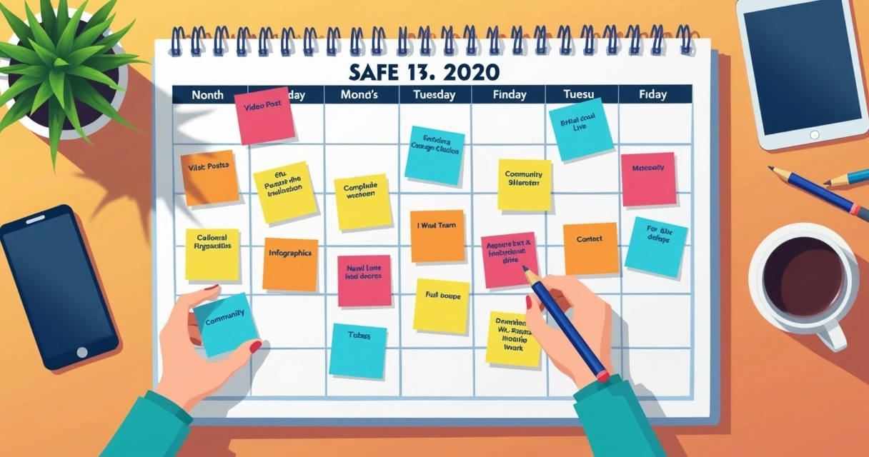 Calendário de mesa com post-its coloridos de atividades semanais de campanha 