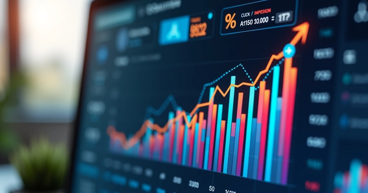Dashboard colorida mostrando gráfico de cliques e impressões, com destaque para crescimento do CTR 