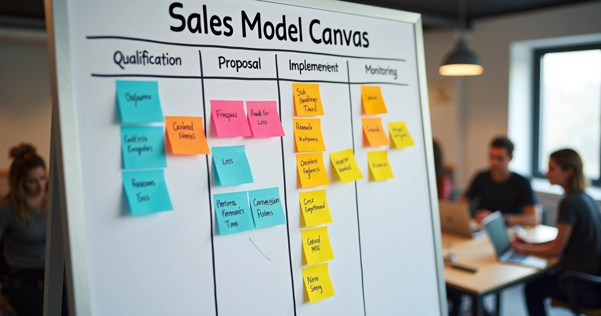Sales Model Canvas preenchido para agência de marketing digital no quadro branco