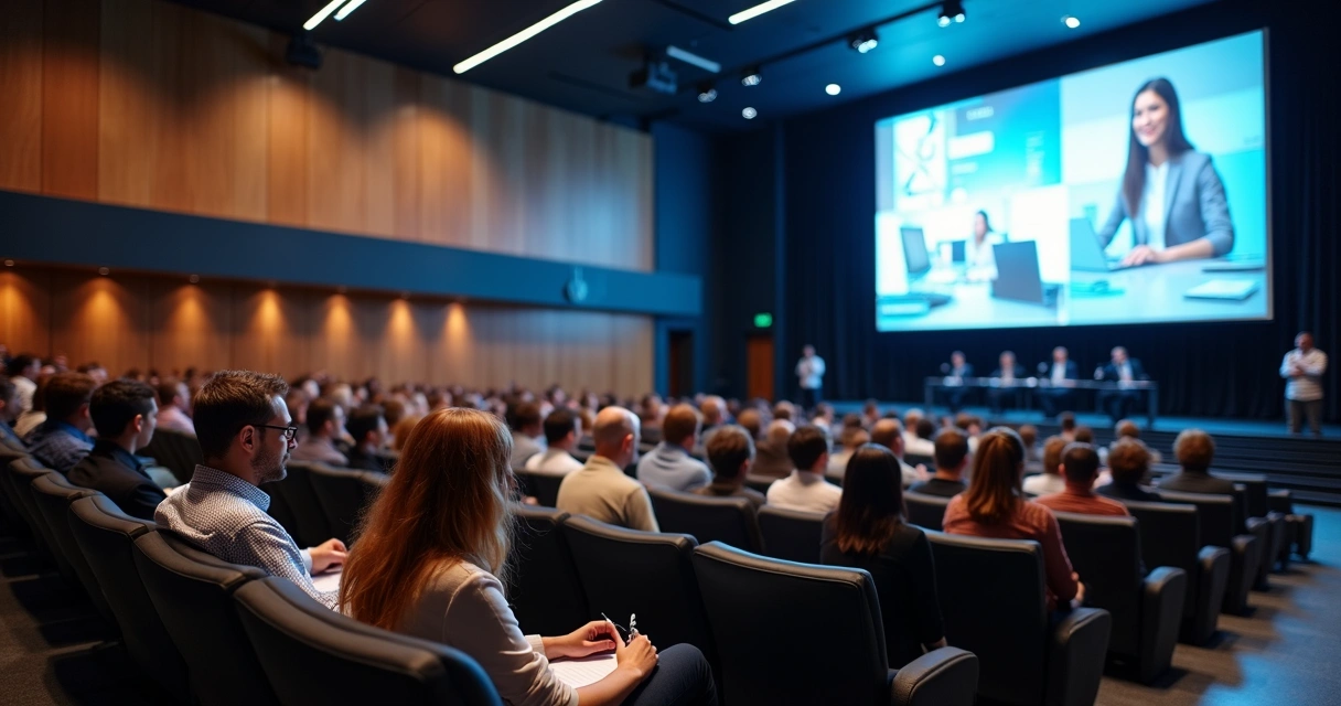 Auditório com público assistindo palestra digital 