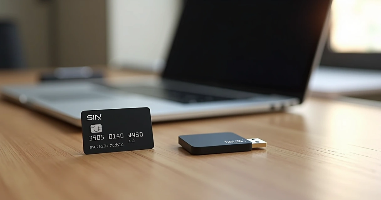 Cartão digital e token USB sobre mesa de madeira. 