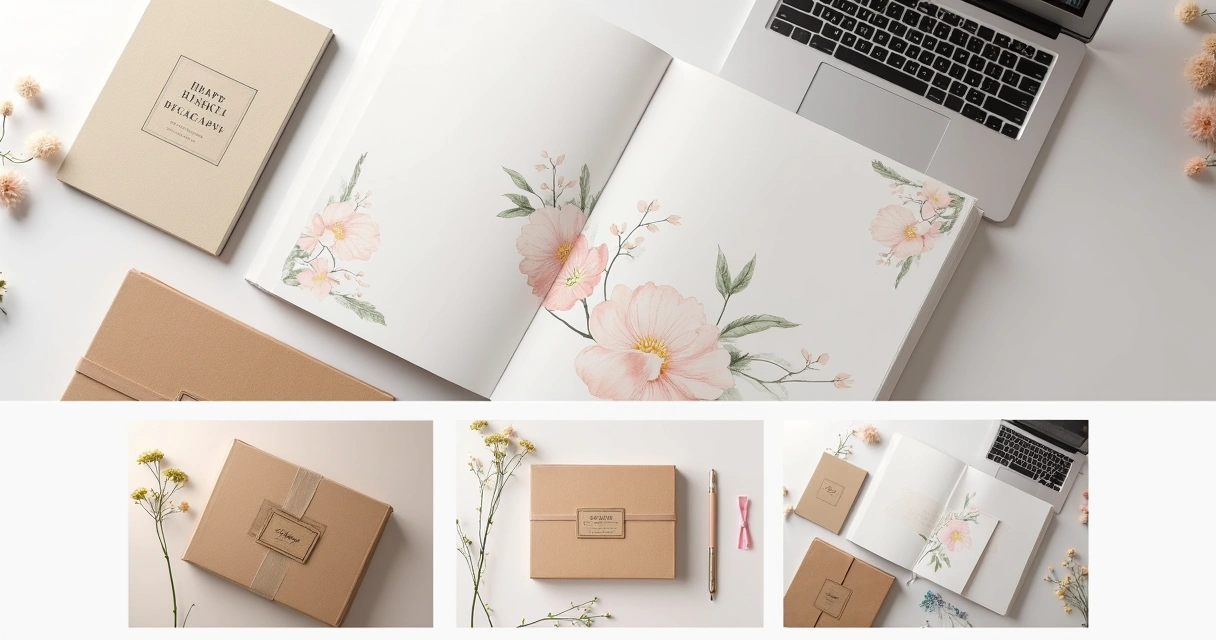 Página de catálogo digital de papelaria artesanal estilo minimalista, tons pastéis e fotos reais 