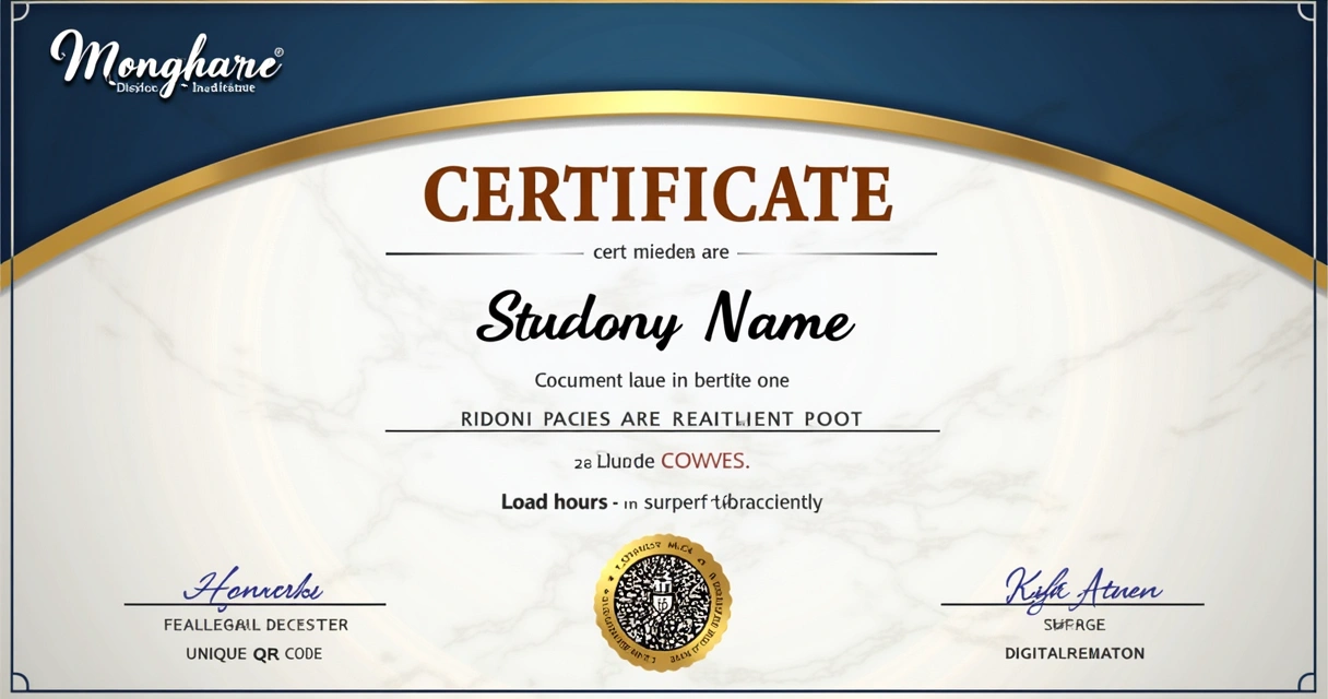 Modelo de certificado digital de curso com QR Code, logotipo e assinatura digital