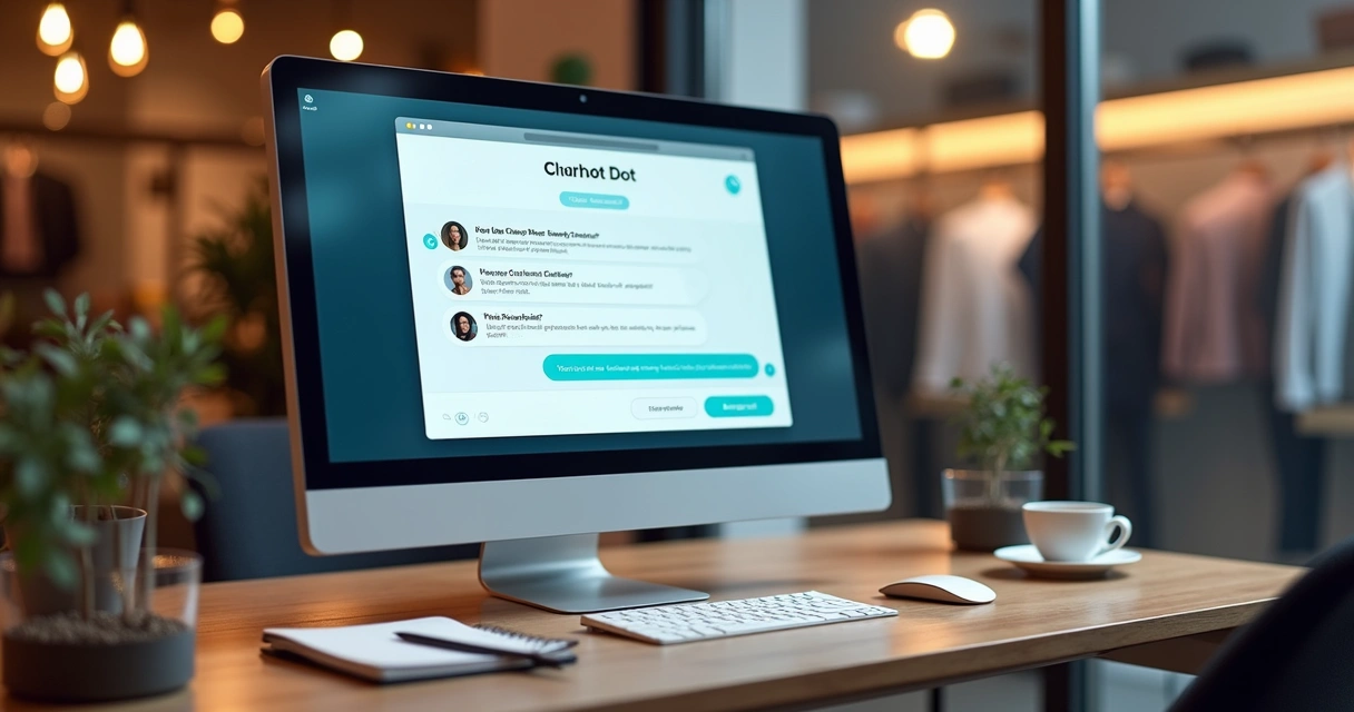 Chatbot exibido em tela de computador com loja ao fundo 