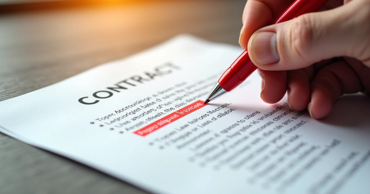 Exemplo visual de contrato empresarial com cláusulas destacadas em vermelho 
