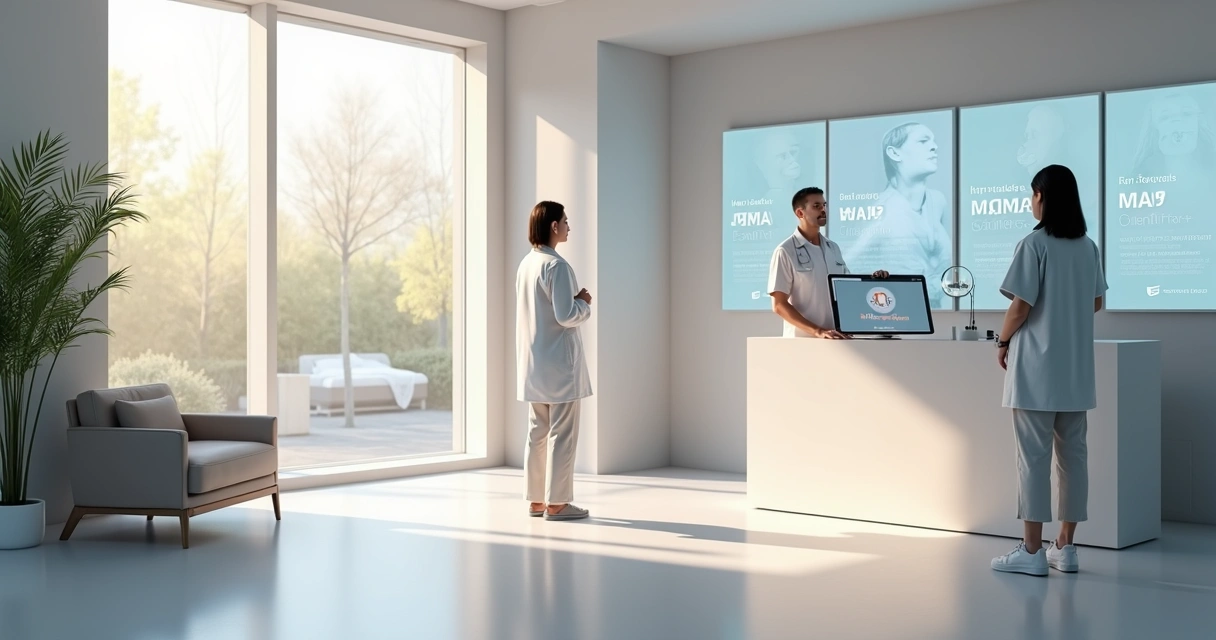 Paciente em mesa de recepção de clínica interagindo com painel de atendimento digital, enfermeira observa ao fundo 