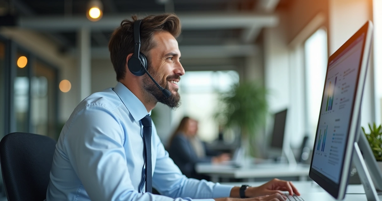 Pessoa em ligação de vendas B2B com expressões positivas 