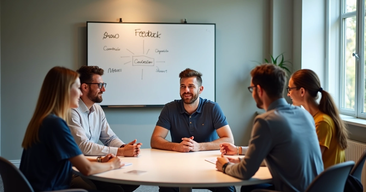 Líder e equipe trocando feedback transparente em reunião