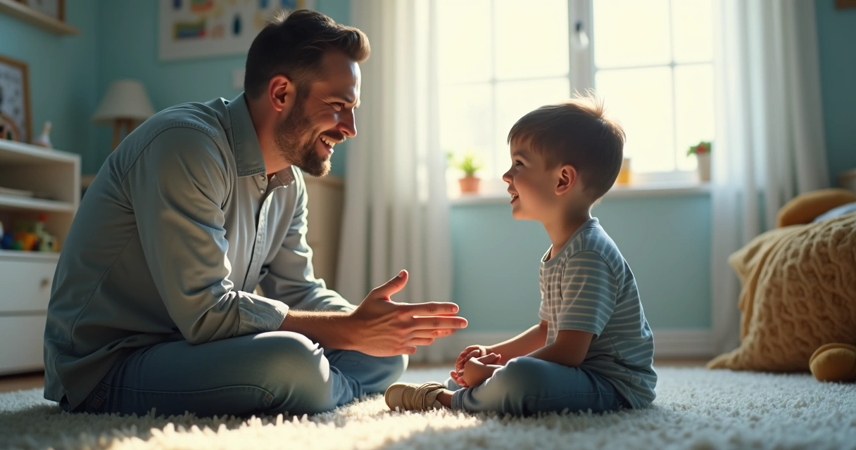 Pai ensinando filho sobre emoções em conversa carinhosa 