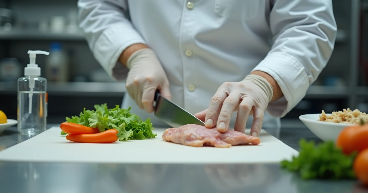 Funcionário com uniforme branco troca utensílio sem higienizar em linha de produção