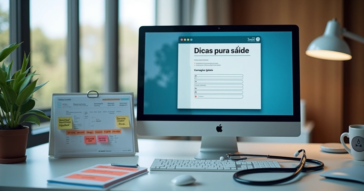 Atendimento médico online, tela de computador exibindo gráfico e post de curiosidade médica 