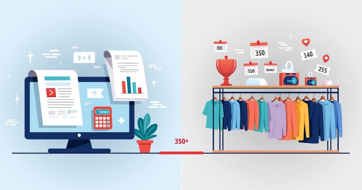 Grafismo que mostra uma ilustração comparativa do ponto de equilíbrio entre uma empresa de serviços (contratos) e uma de comércio (loja de roupas) 