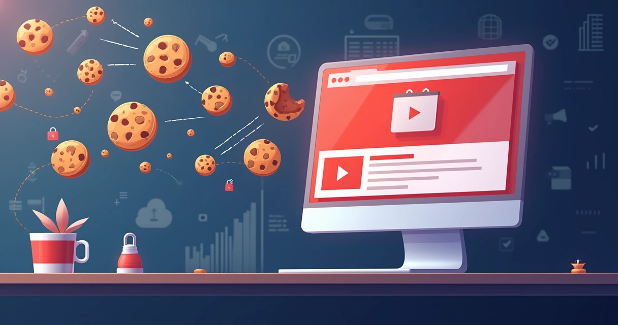 Ícones ilustrativos de cookies com interface do YouTube em tela de computador 