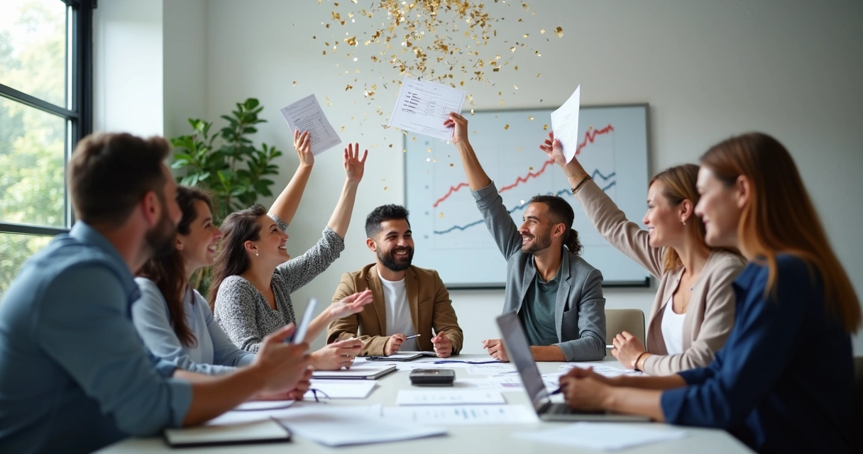 Equipe empresarial comemorando resultados financeiros positivos 