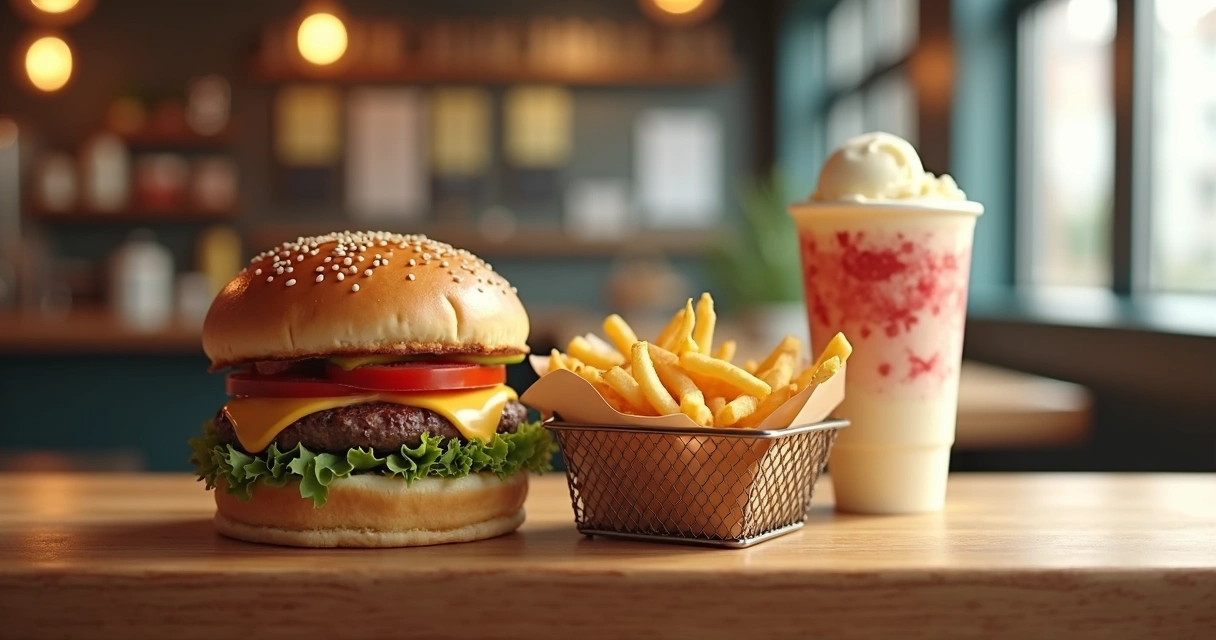 Combo de hambúrguer, batata frita e sorvete no balcão 