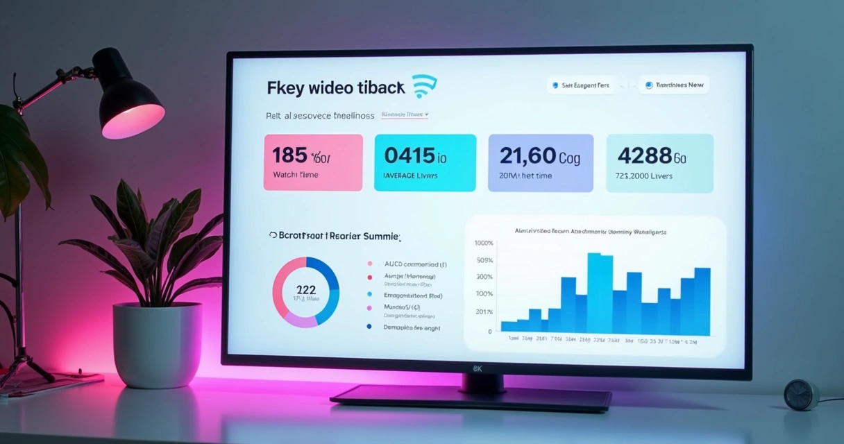 Dashboard de métricas de vídeo mostrando visualizações, tempo médio de exibição e engajamento 