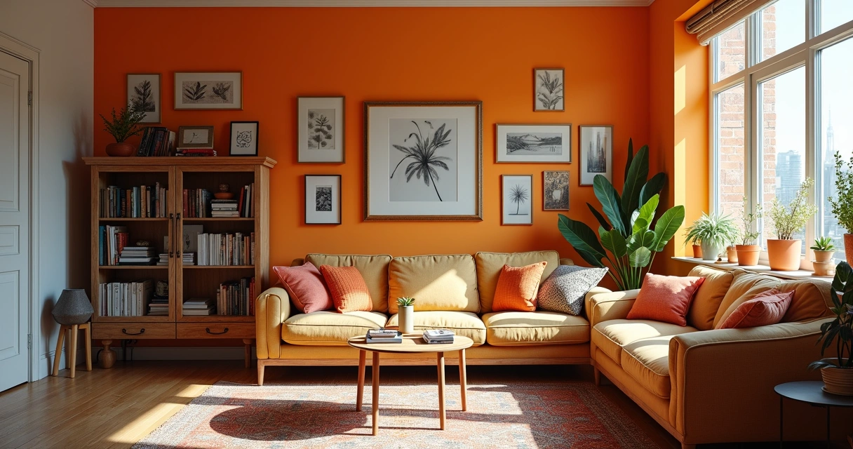 Sala pequena com excesso de detalhes decorativos e cores fortes