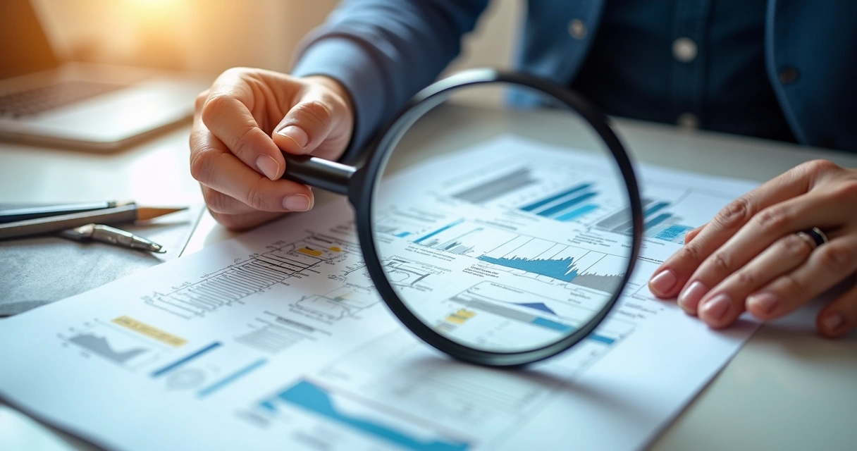 Laudo pericial de engenharia sendo revisado com lupa 