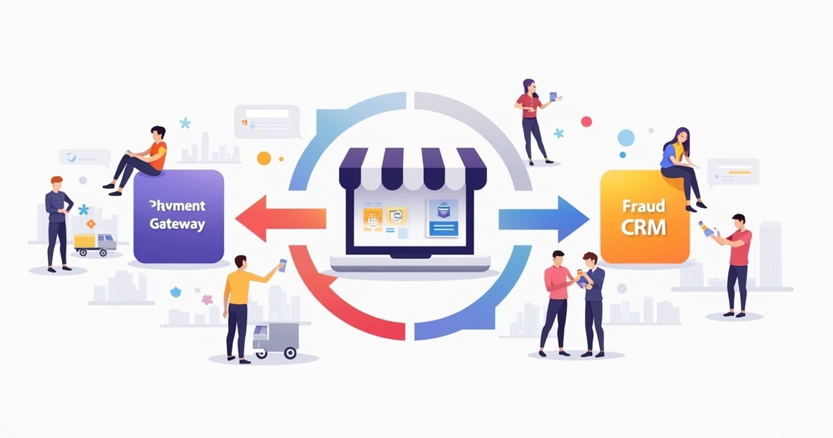 Diagrama de integração de e-commerce com setas ligando módulos de loja, pagamentos, antifraude e CRM 