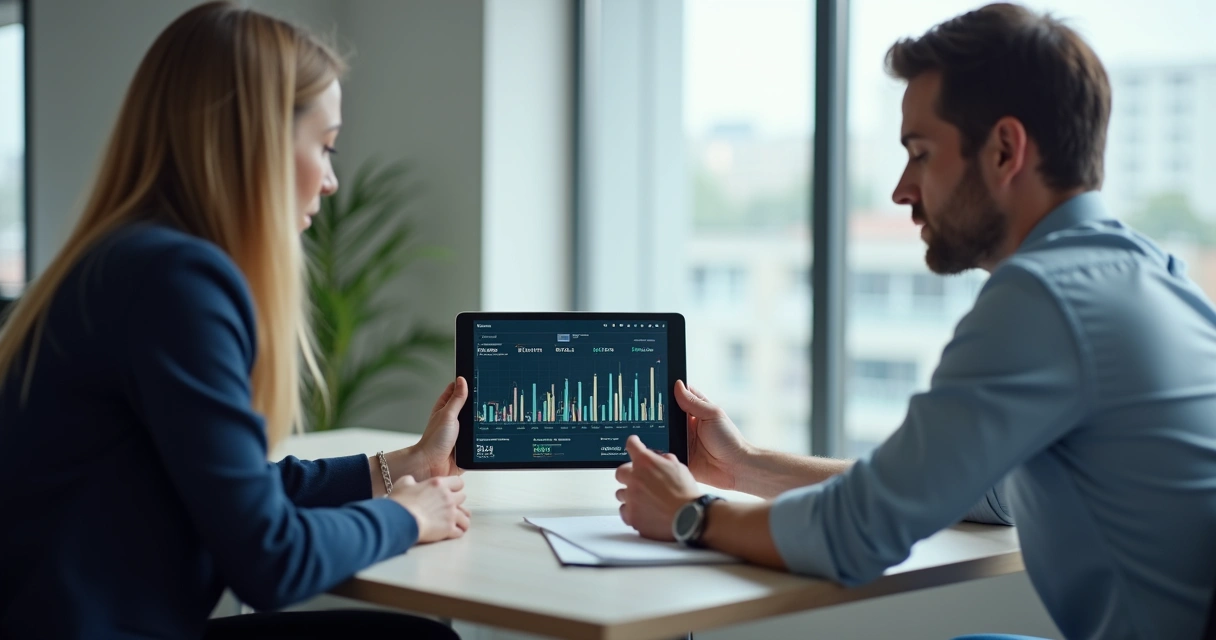 Pessoa mostrando dados claros em um tablet para um cliente 