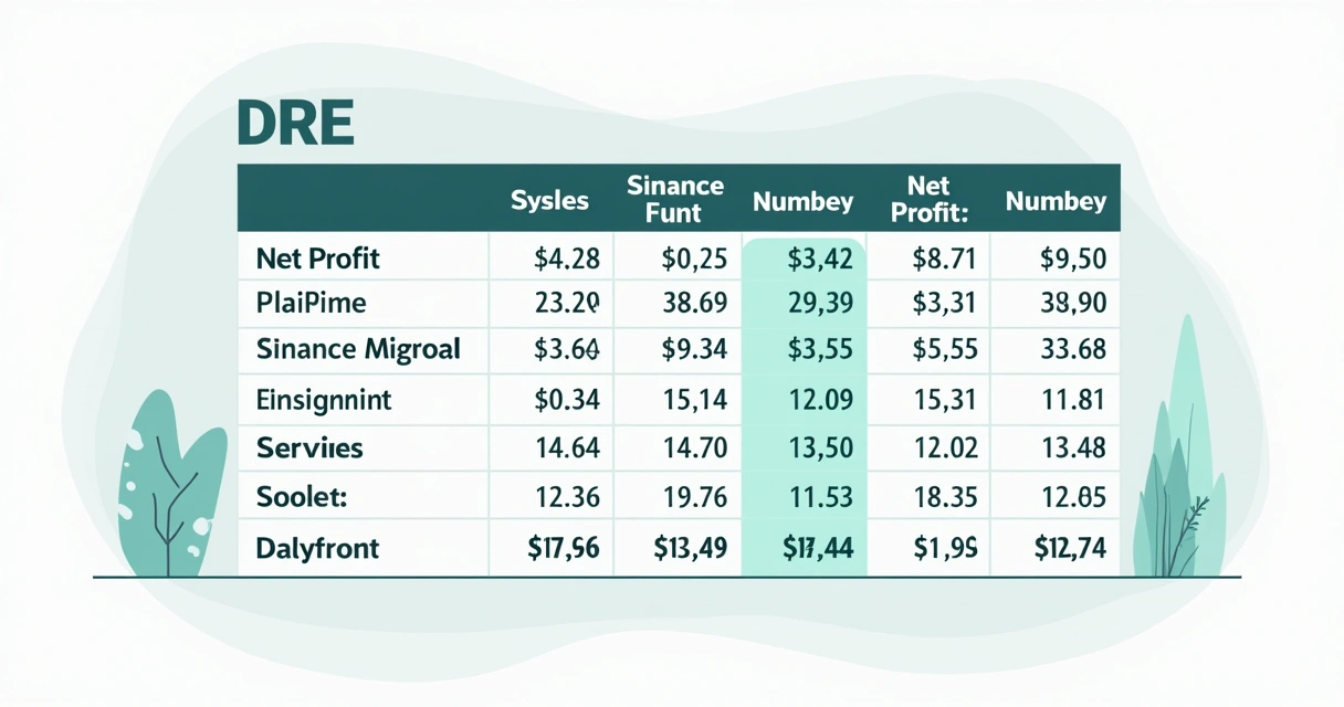 Resumo numérico de DRE fictício, cada linha com valores e setas apontando para o resultado final. 