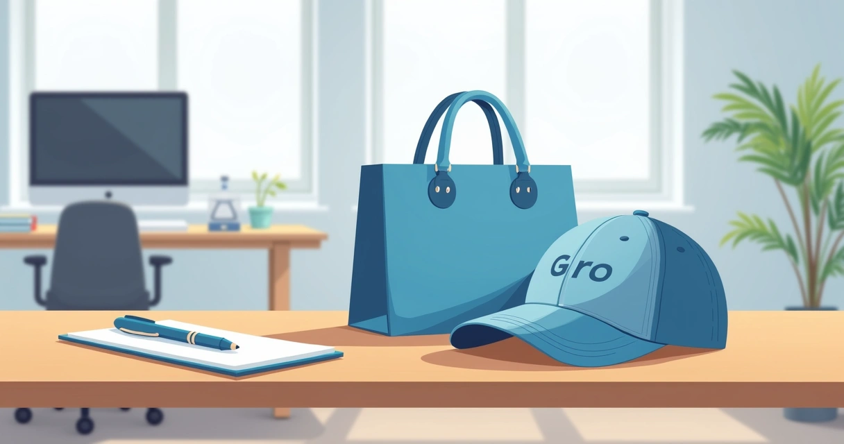Boné corporativo e ecobag personalizada lado a lado sobre mesa empresarial 