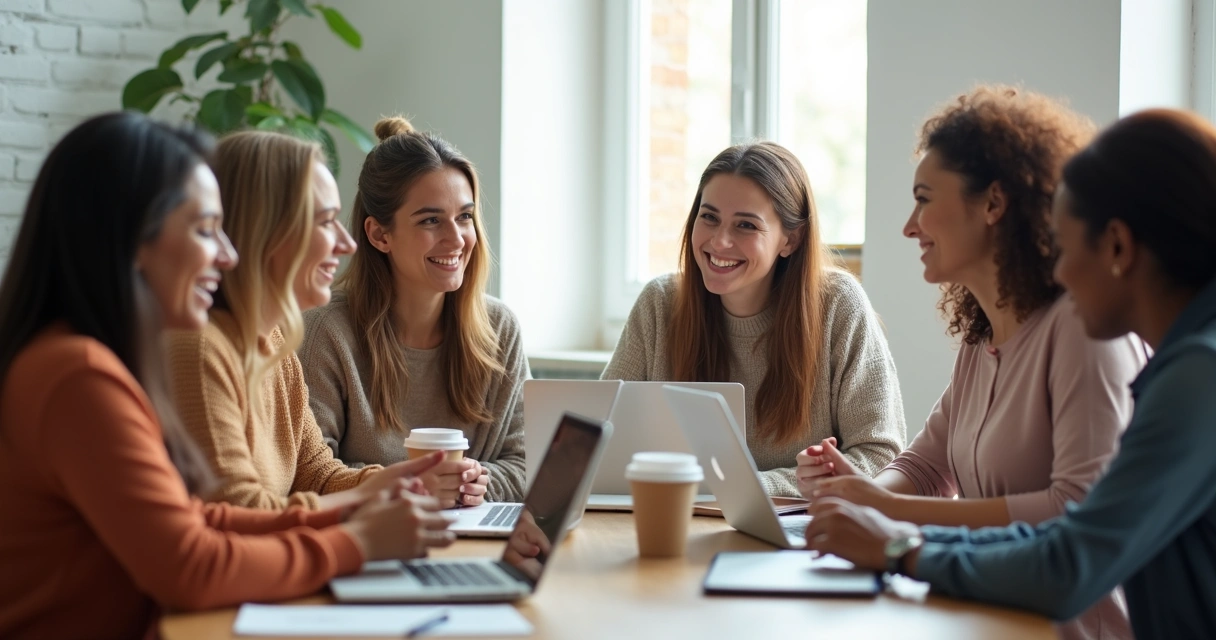 Grupo de mulheres diversas reunidas em roda de conversa animada