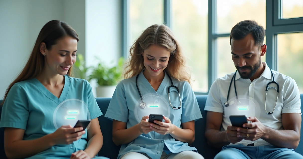 Sala de espera de clínica com pacientes interagindo no celular