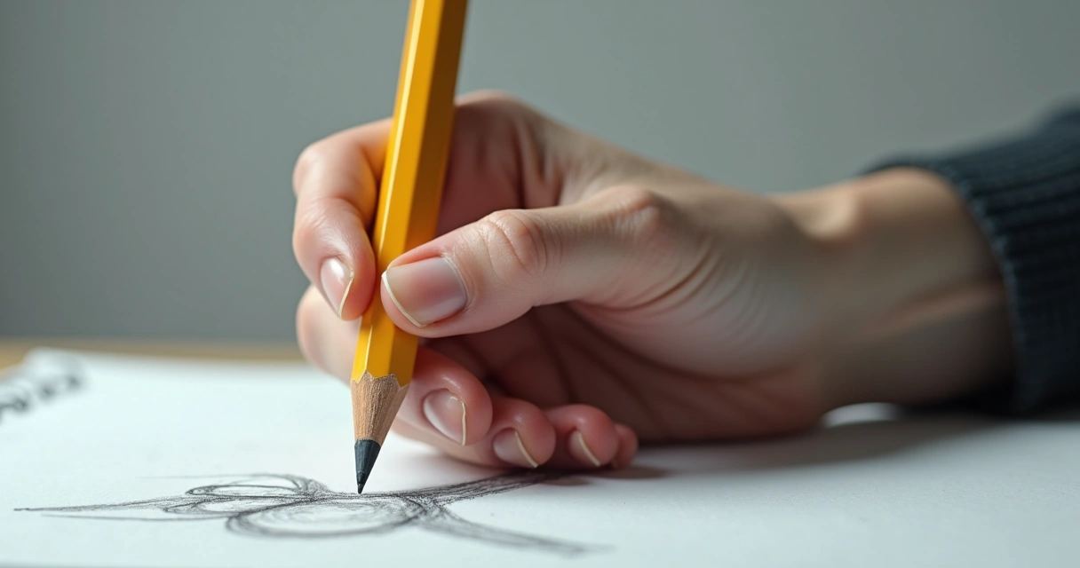 Imagem gerada por IA com mão humana deformada segurando lápis. 