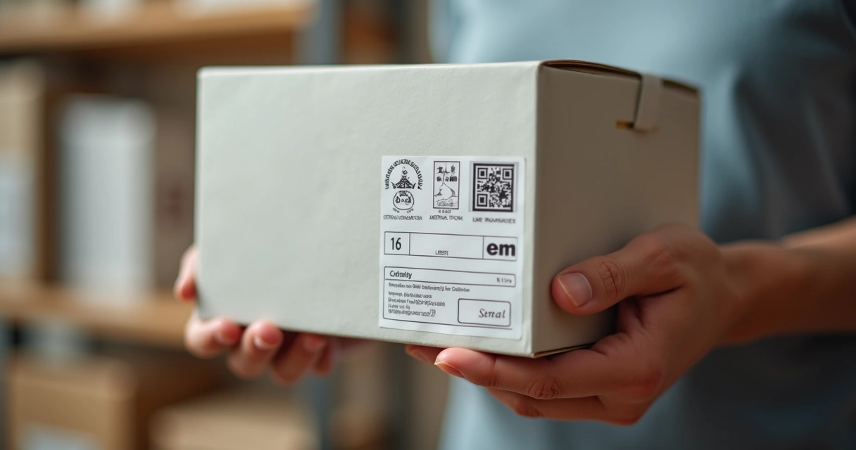 Estojo de produto com selo de certificação e número de série visíveis. 