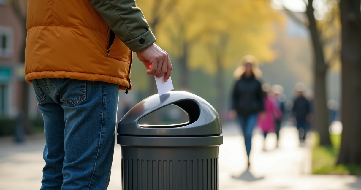 Pessoa colocando um papel em uma lixeira pública 