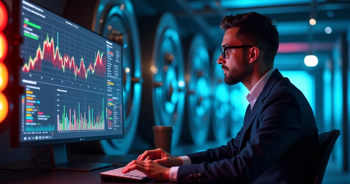 Operador financeiro com dashboard de firewall ativo 