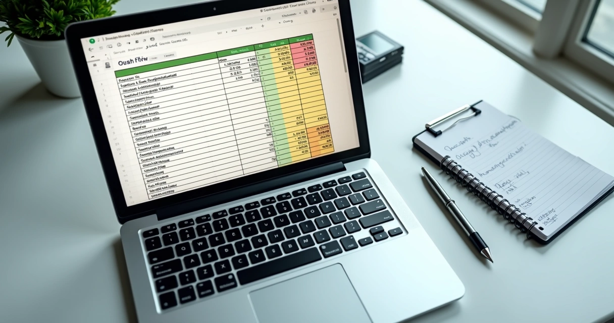 Planilha simples de fluxo de caixa com entradas e saídas na tela de um notebook