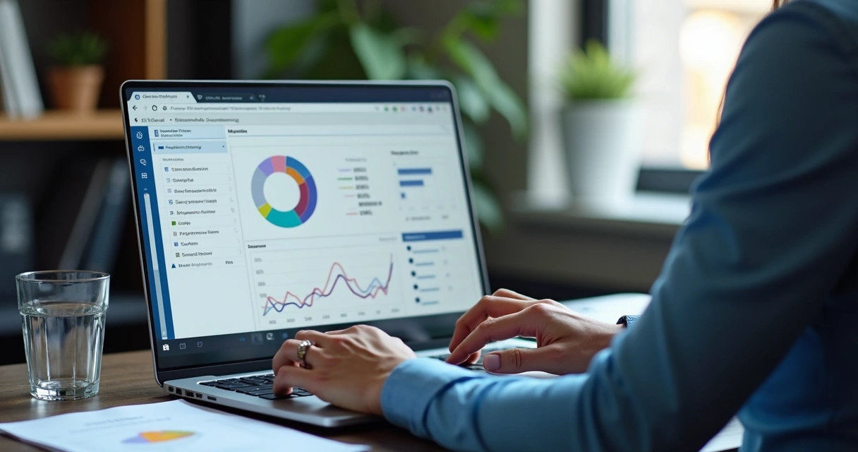 B2B especialista compartilhando um white paper e um webinar com contatos profissionais em seu computador.