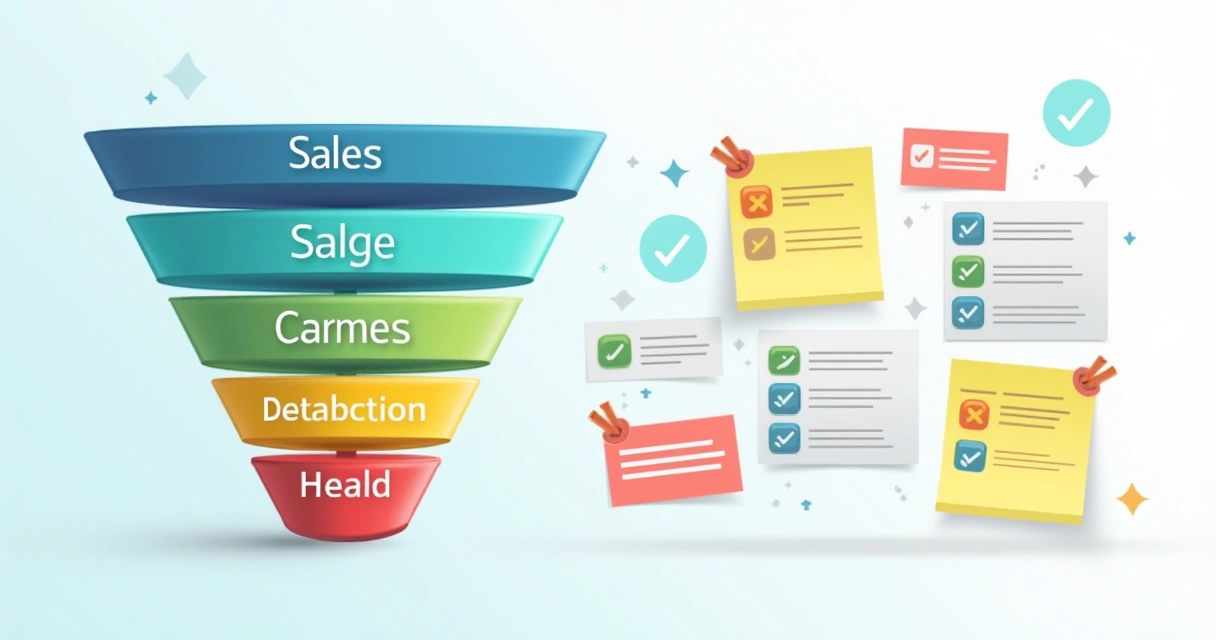 Ilustração simples de um funil de vendas colorido ao lado de listas de clientes e lembretes