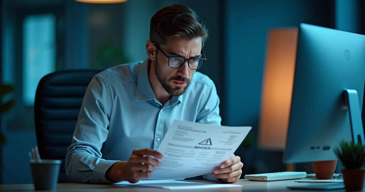 Profissional digital frustrado ao perceber problemas em nota fiscal devido a CNAE errada