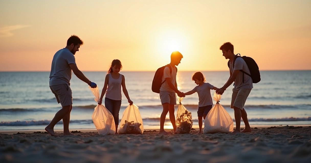 Pessoas recolhendo lixo na praia, formando uma corrente de colaboração 