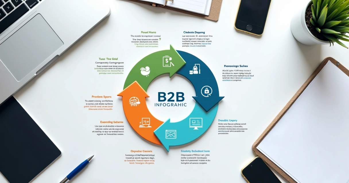 Infográfico colorido explicando processo estratégico de negócios 