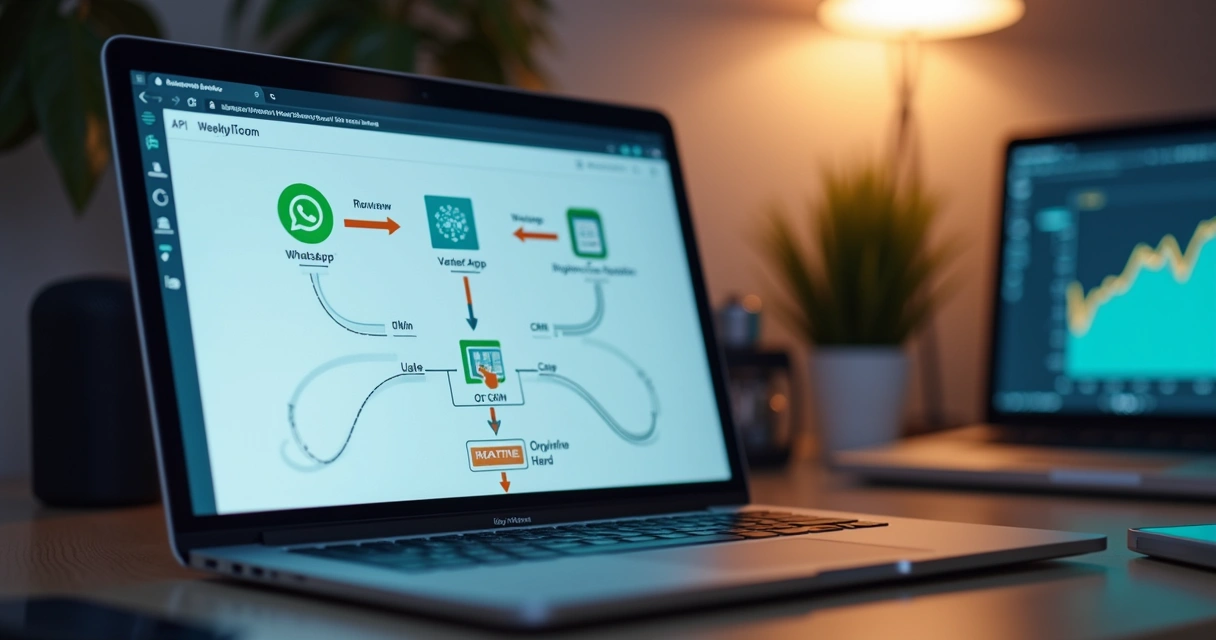 Tela de computador com integrações de API entre WhatsApp, CRM e plataforma de automação 