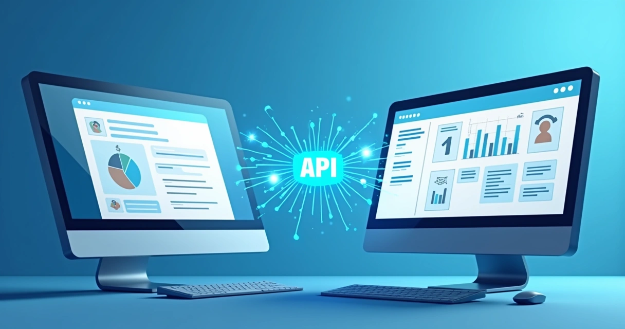 Tela simulada mostrando integração de API financeira entre um sistema de gestão e plataforma bancária 